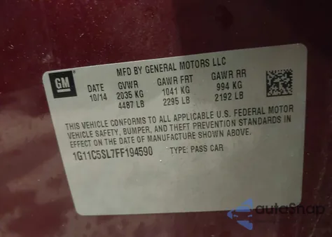 2015 Chevrolet Malibu 1Lt from USA, damaged, VIN 1G11C5SL7FF194590